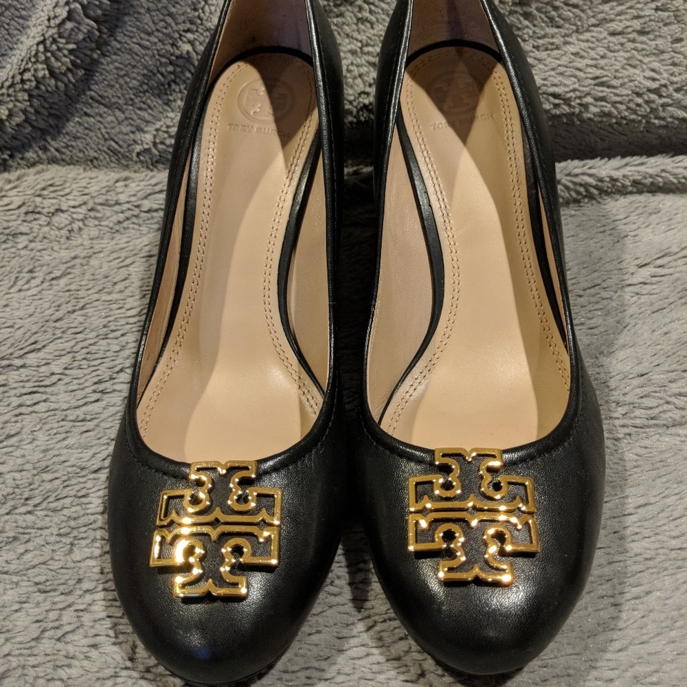 TORY BURCH MELINDA BLACK LEATHER WEDGE SZ 10.5